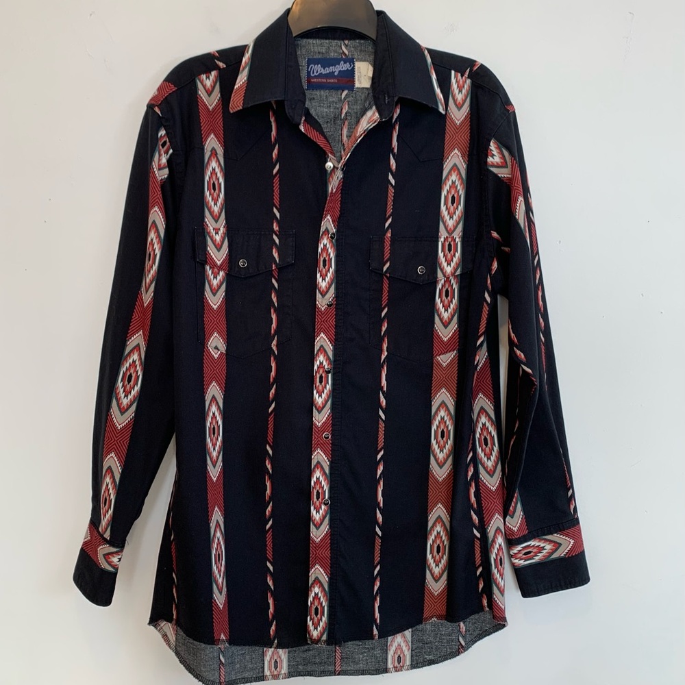 70s 80sVintage Button-Down Shirt in Black and Burgundy Aztec Stripe